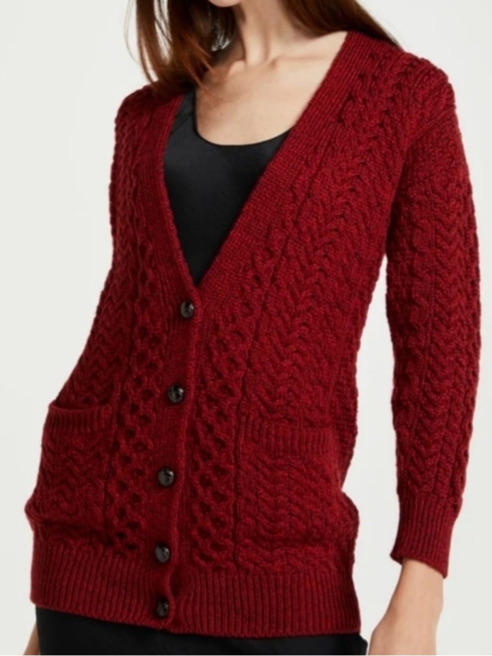 Delphi Aran Irish merino wool cardigan Rua red